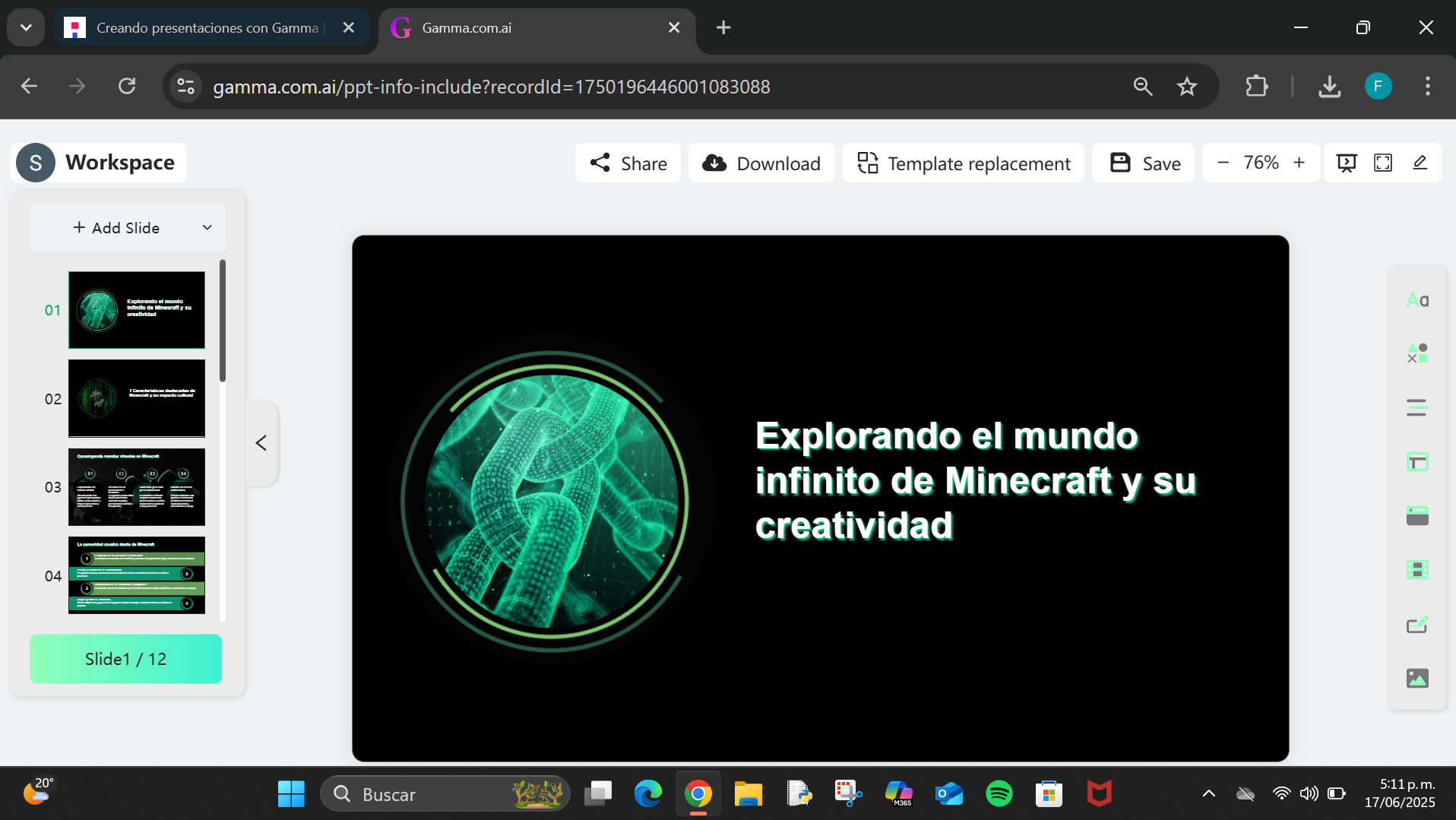 captura de pantalla de una presentacion diapositiva en gamma sobre minecraft
