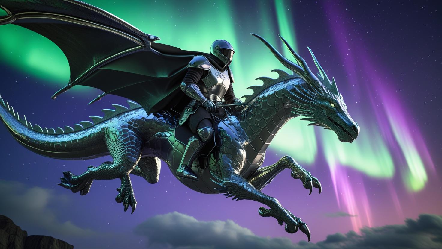 un dragon de hierro siendo cabalgado por un caballero. volando en una noche adorna por una aurora boreal